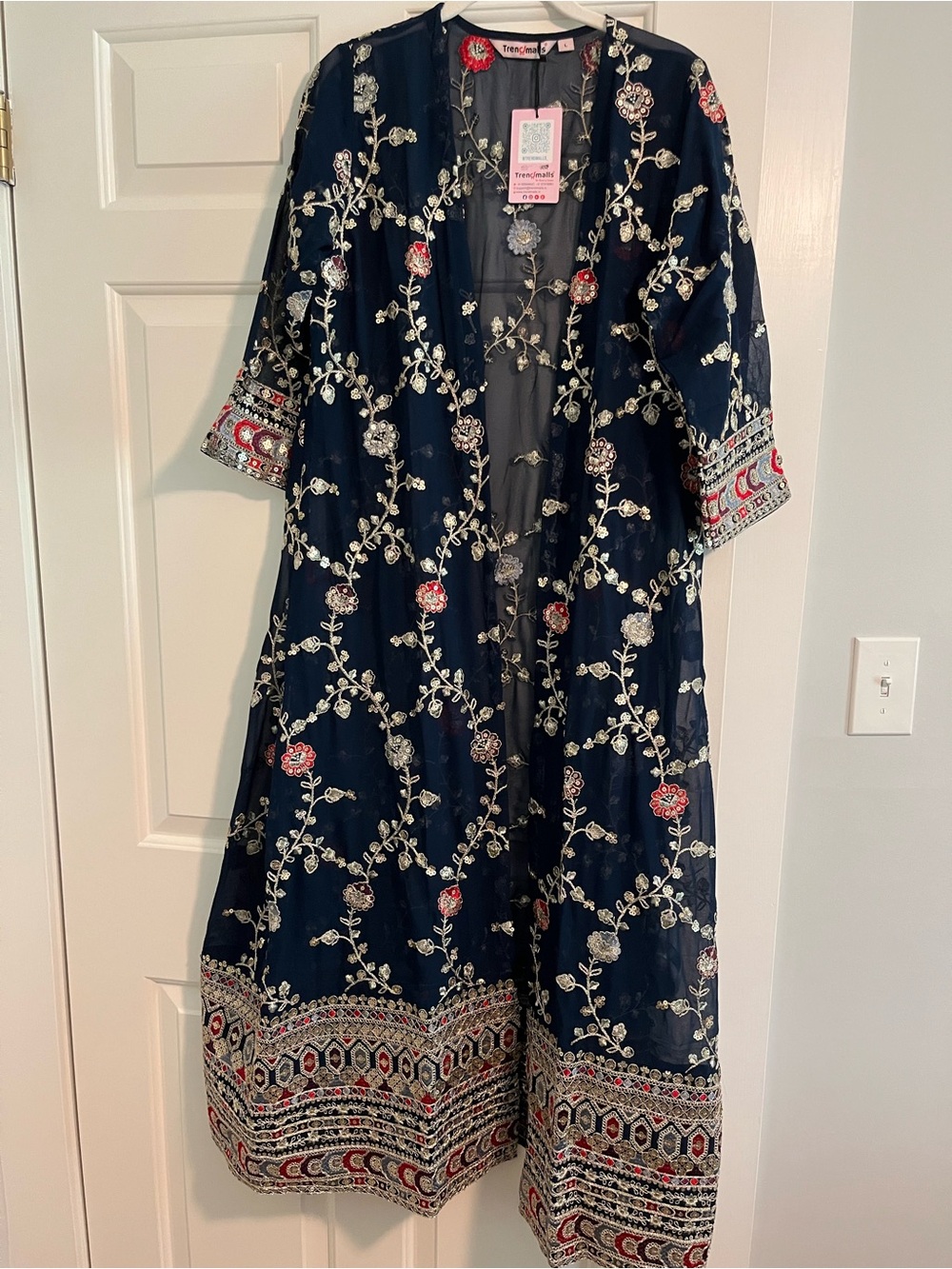 NWT Indo-Western Navy & Silver Embroidered Floral Duster Coat | Size L